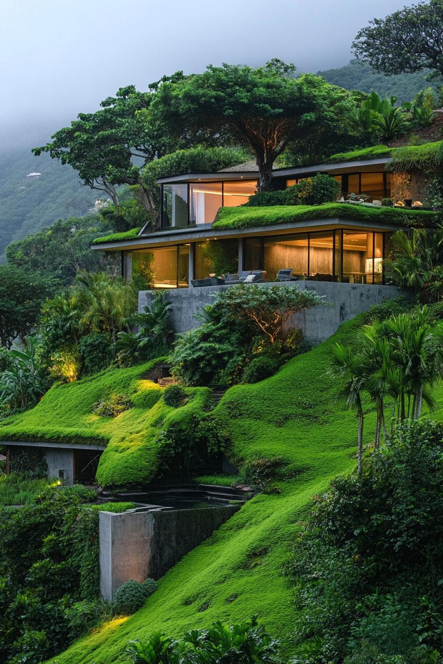 modern luxury hillside mansions estate with wine cellar built into a hill in lush green mossy scenery