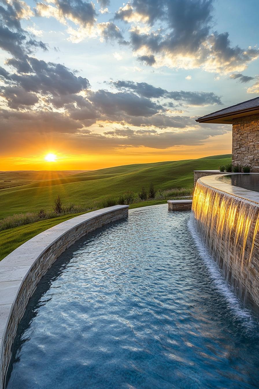 modern mansion pool with waterfall feature overlooking a stunning sunset over green hills 1