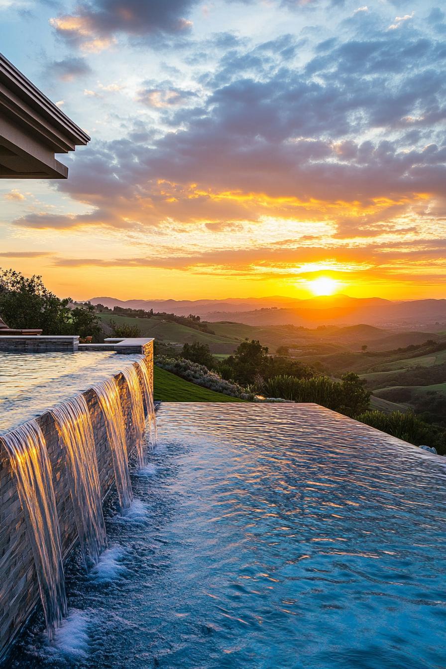 modern mansion pool with waterfall feature overlooking a stunning sunset over green hills 2