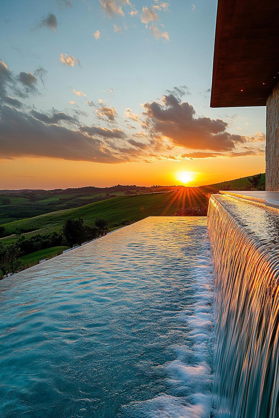 modern mansion pool with waterfall feature overlooking a stunning sunset over green hills 3