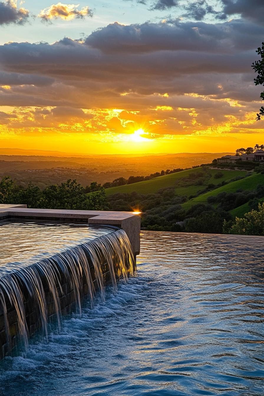 modern mansion pool with waterfall feature overlooking a stunning sunset over green hills