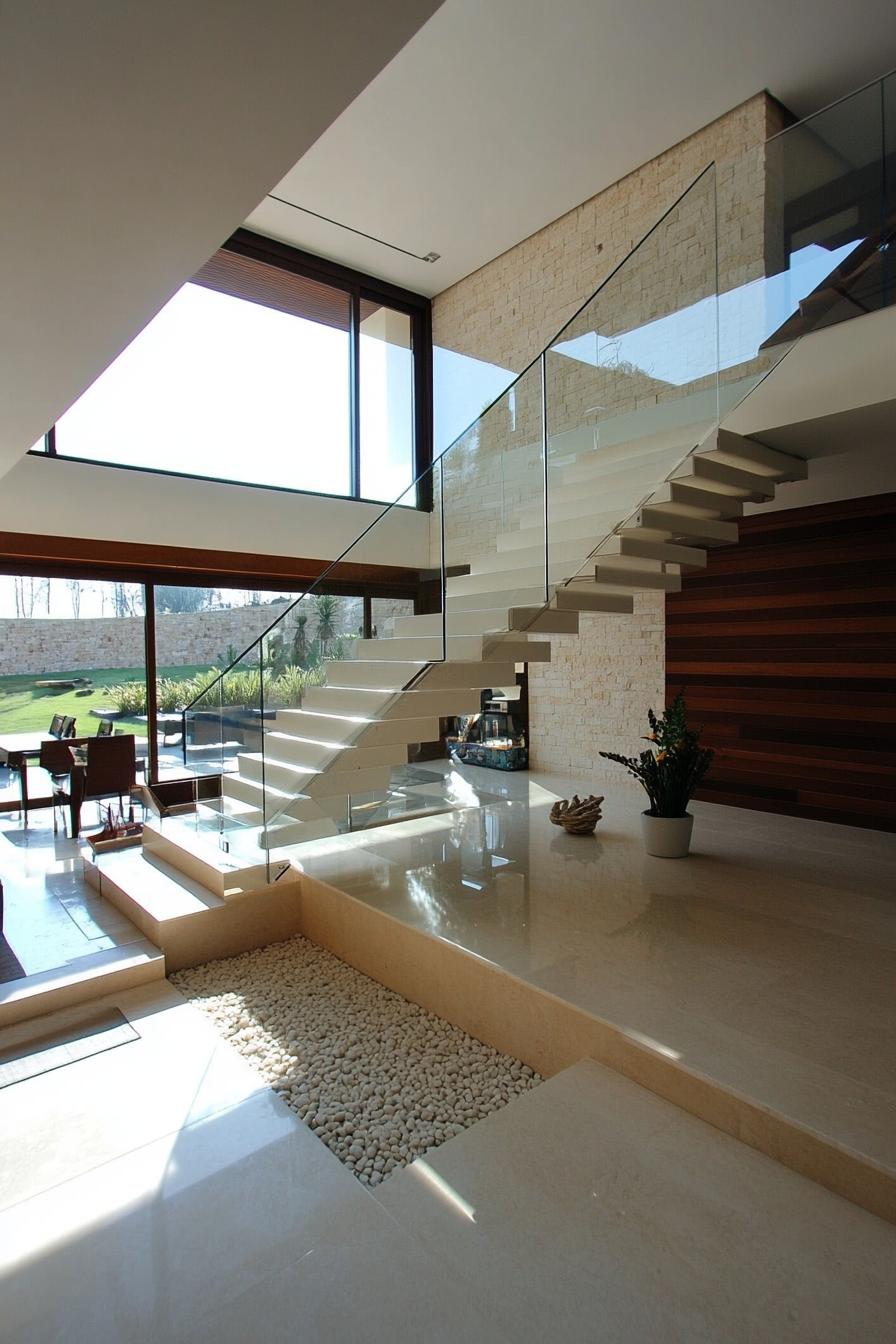 modern minimalist home interior with floating staircase