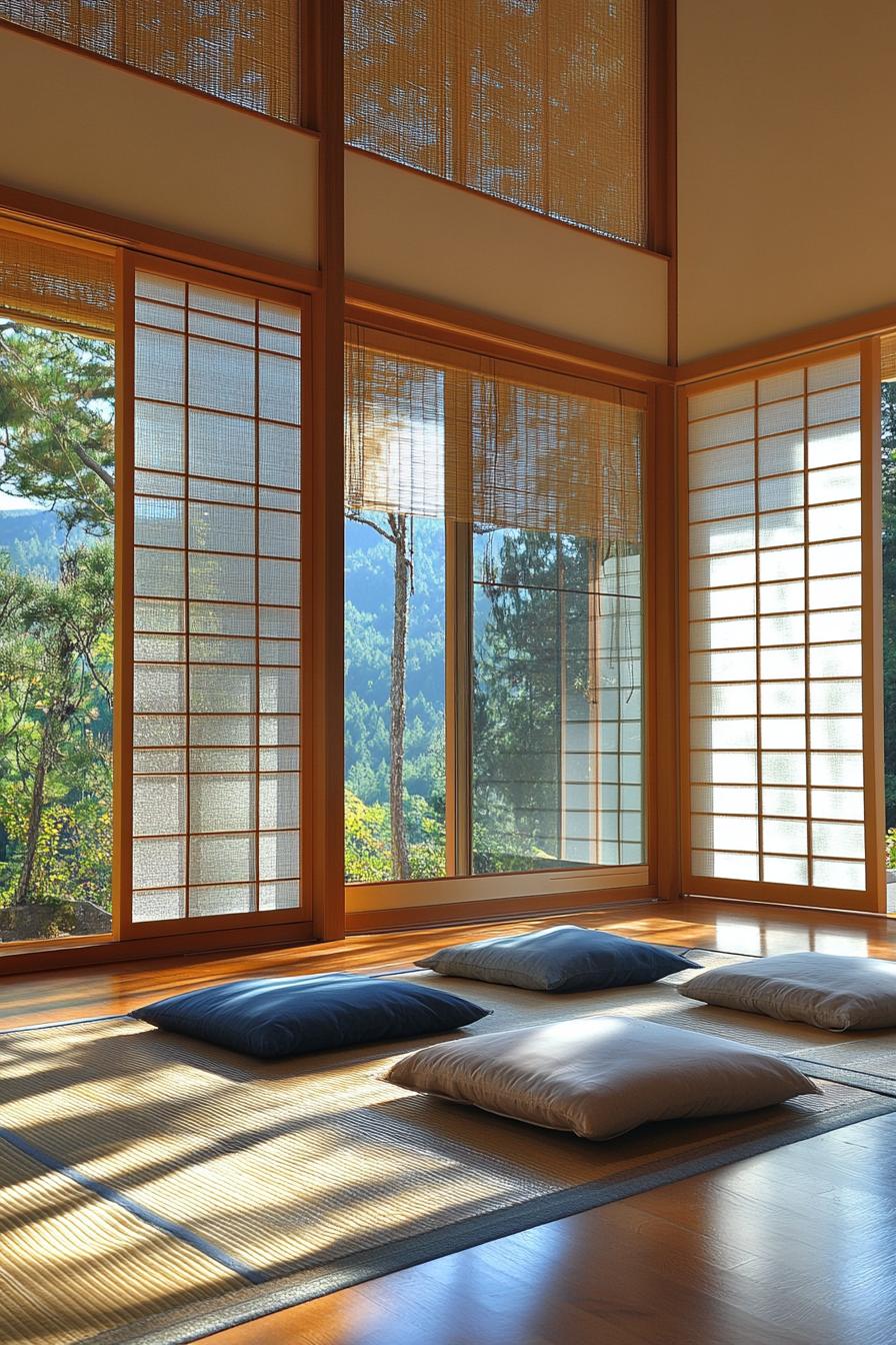 modern minimalist home interior with shoji screens large window with mountain views 2