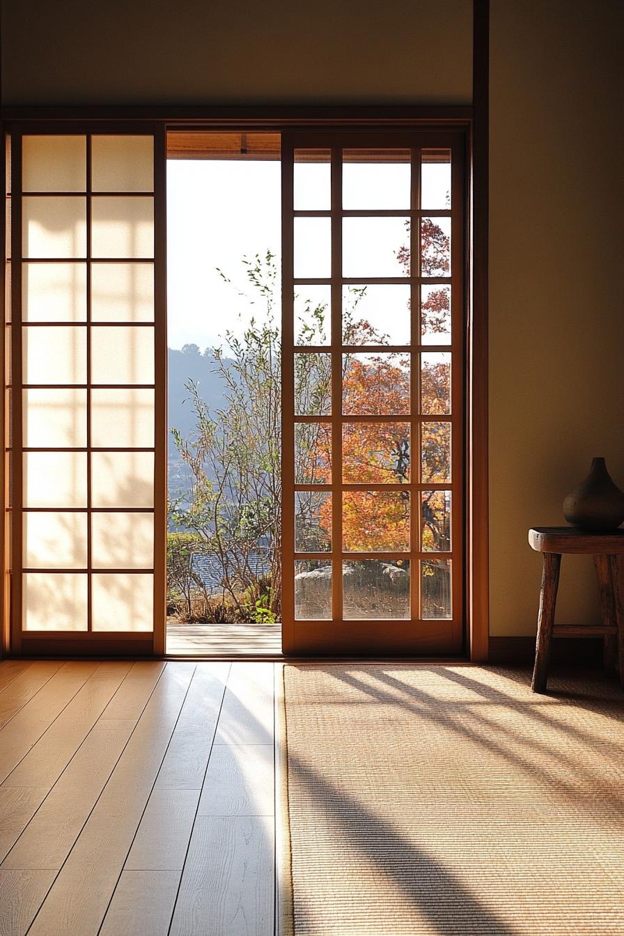 modern minimalist home interior with shoji screens large window with mountain views