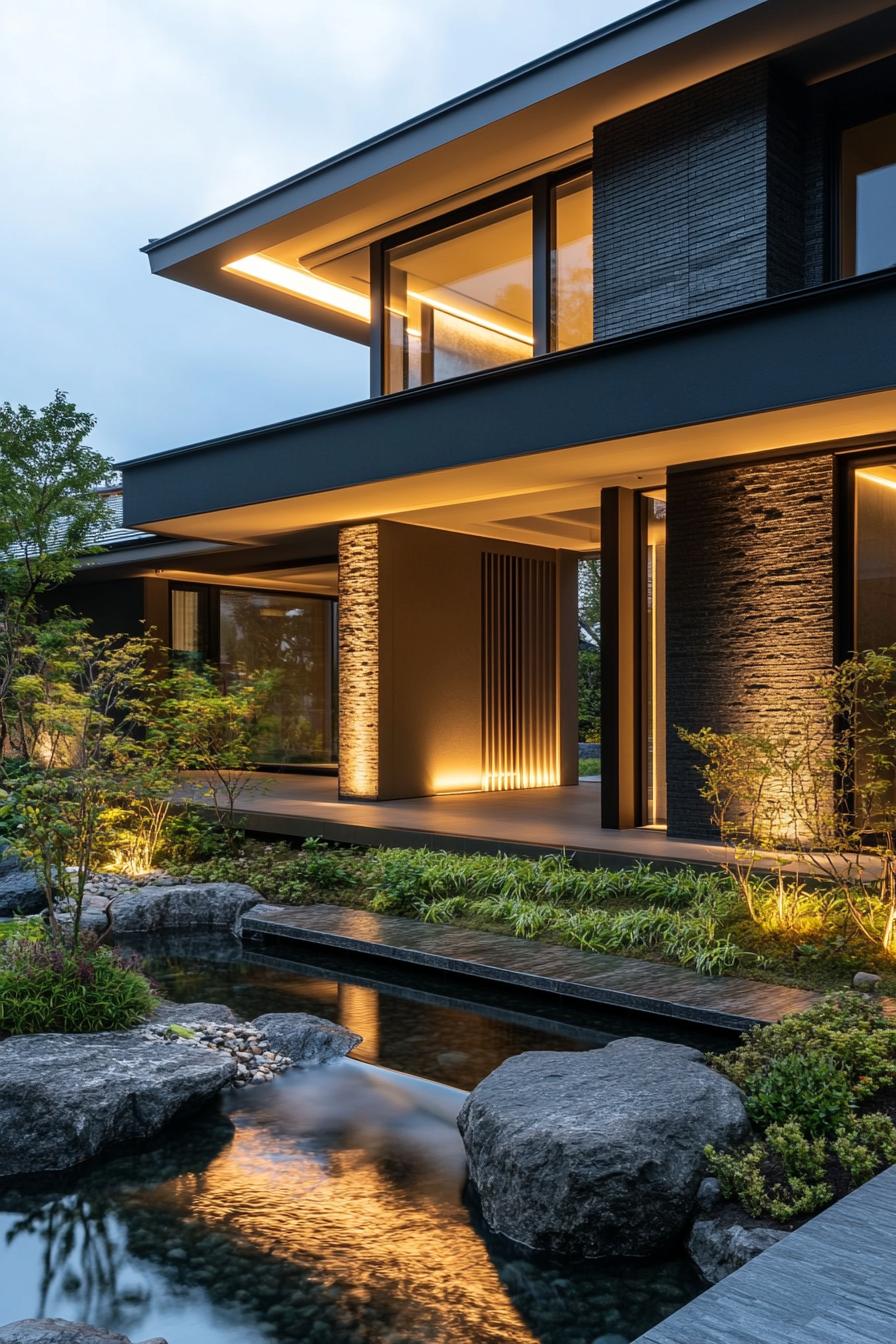 modern minimalist house facade with floating roof with LED lighting front yard zen garden with water stream and small waterfall 1