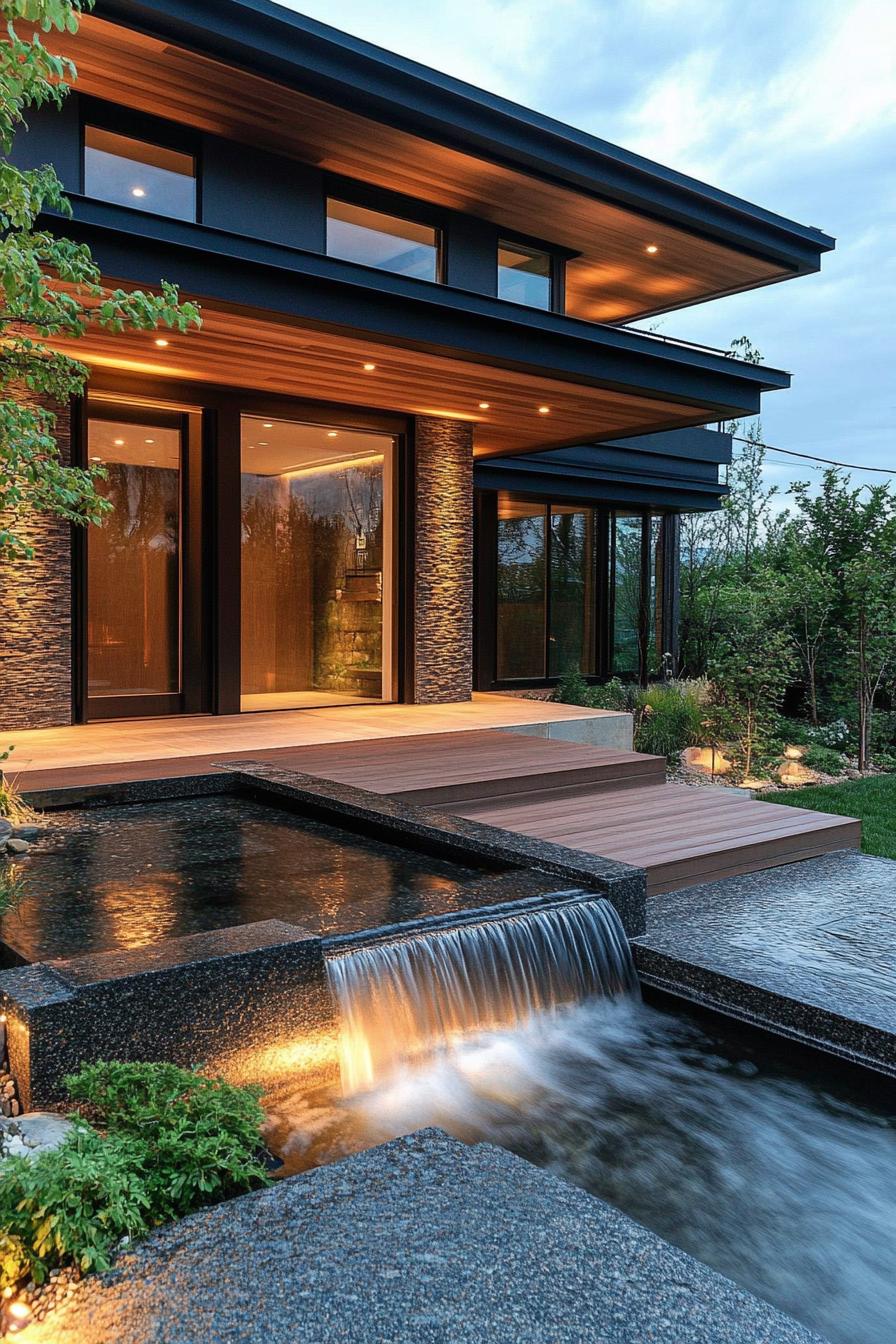 modern minimalist house facade with floating roof with LED lighting front yard zen garden with water stream and small waterfall 2