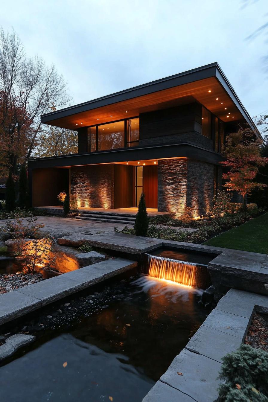 modern minimalist house facade with floating roof with LED lighting front yard zen garden with water stream and small waterfall