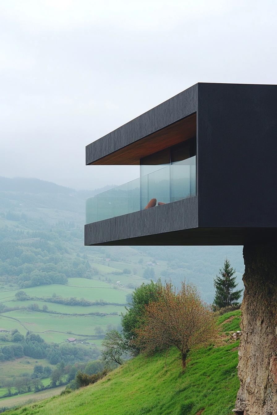 modern mountain cantilevered house geometric facade with infinity balcony overlooking green steep farmhouse hills 1