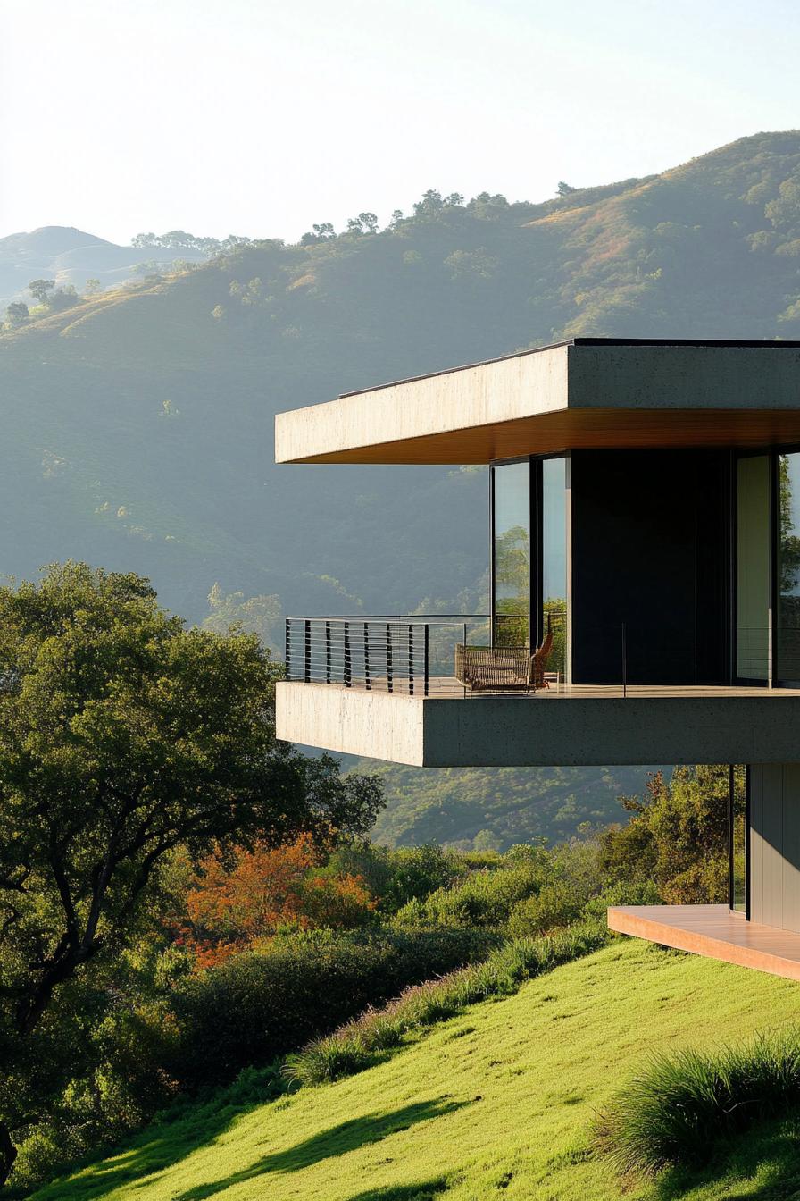 modern mountain cantilevered house geometric facade with infinity balcony overlooking green steep farmhouse hills 2