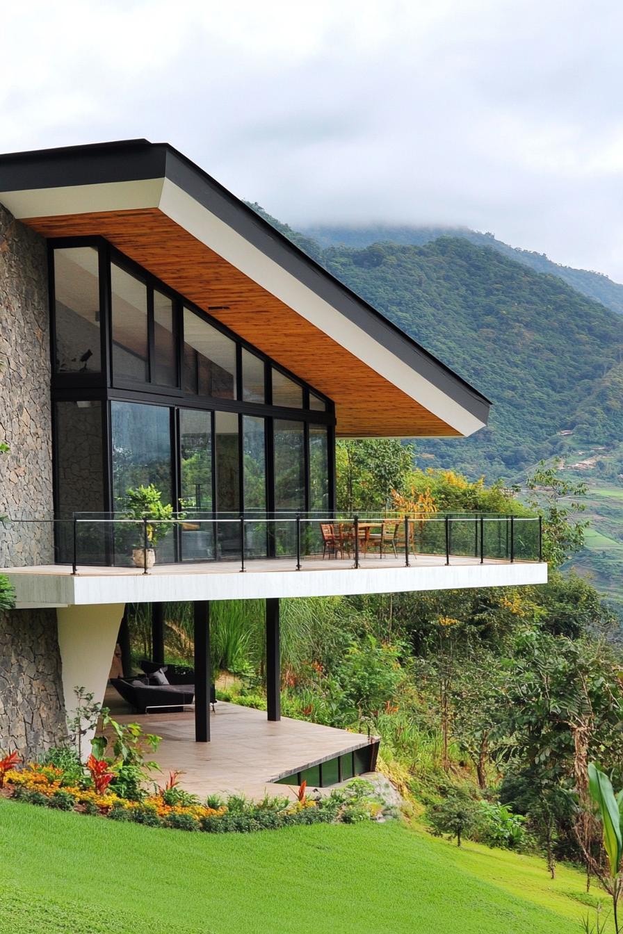 modern mountain cantilevered house geometric facade with infinity balcony overlooking green steep farmhouse hills 3