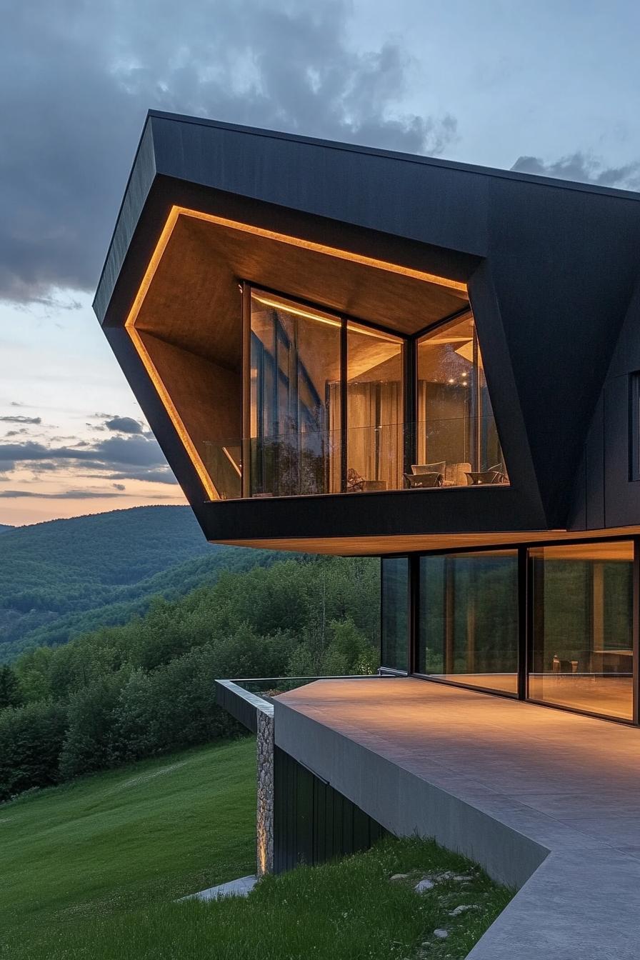 modern mountain cantilevered house geometric facade with infinity balcony overlooking green steep farmhouse hills