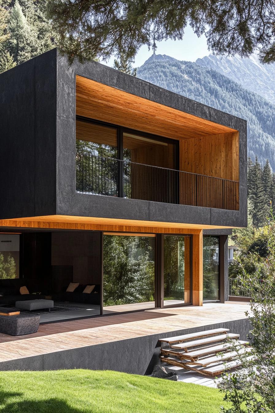 modern mountain house with black concrete facade and wooden frame stunning lush mountain forest views 1