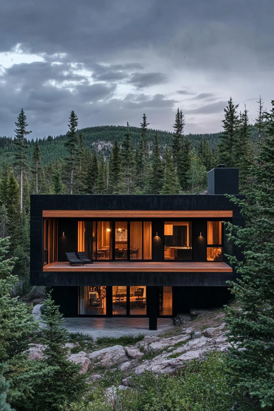 modern mountain house with black concrete facade and wooden frame stunning lush mountain forest views 2