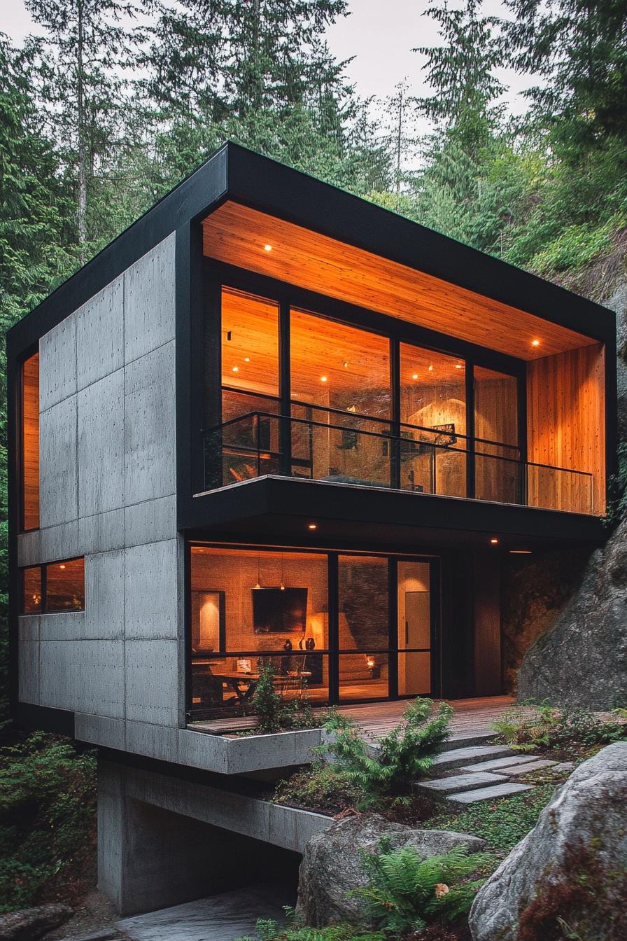 modern mountain house with black concrete facade and wooden frame stunning lush mountain forest views 3