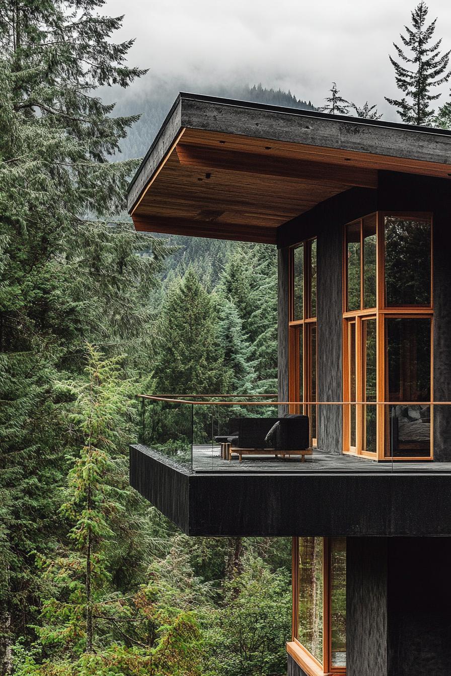 modern mountain house with black concrete facade and wooden frame stunning lush mountain forest views