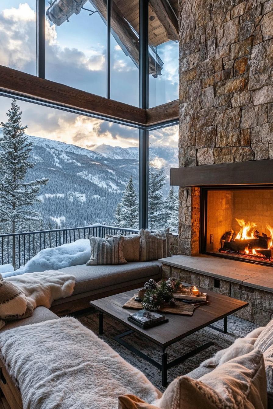 modern mountain retreat home with natural stone fireplace stunning winter mountain views 1