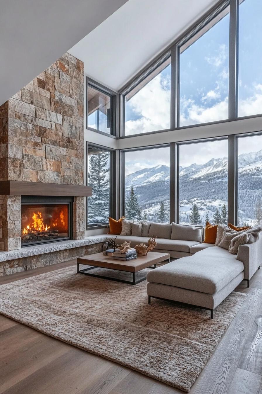 modern mountain retreat home with natural stone fireplace stunning winter mountain views 2