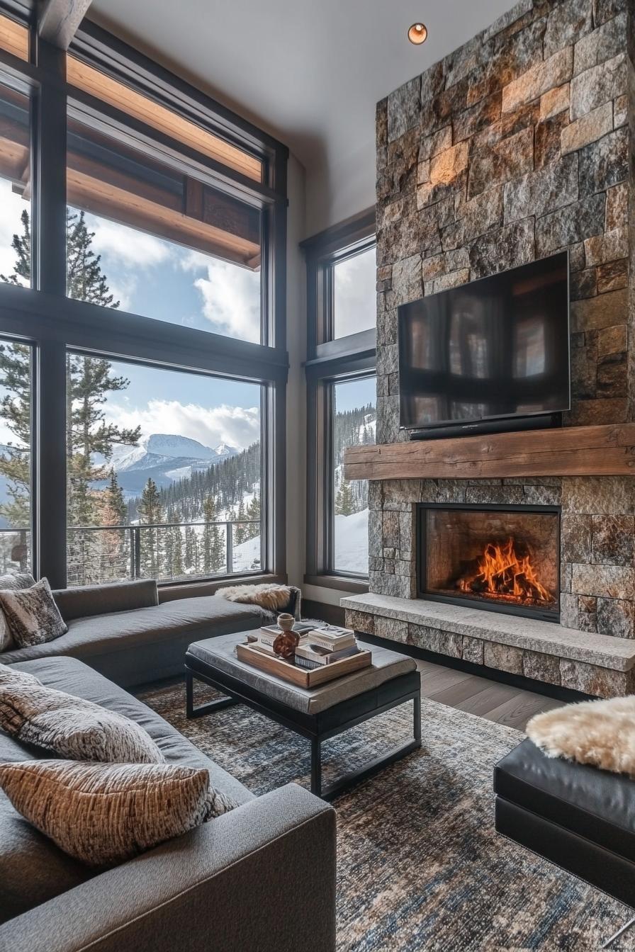 modern mountain retreat home with natural stone fireplace stunning winter mountain views 3