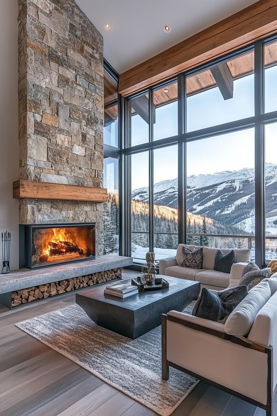 modern mountain retreat home with natural stone fireplace stunning winter mountain views