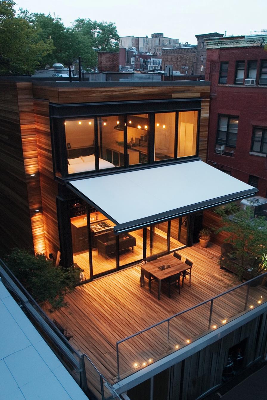 modern rooftop deck home office with awning