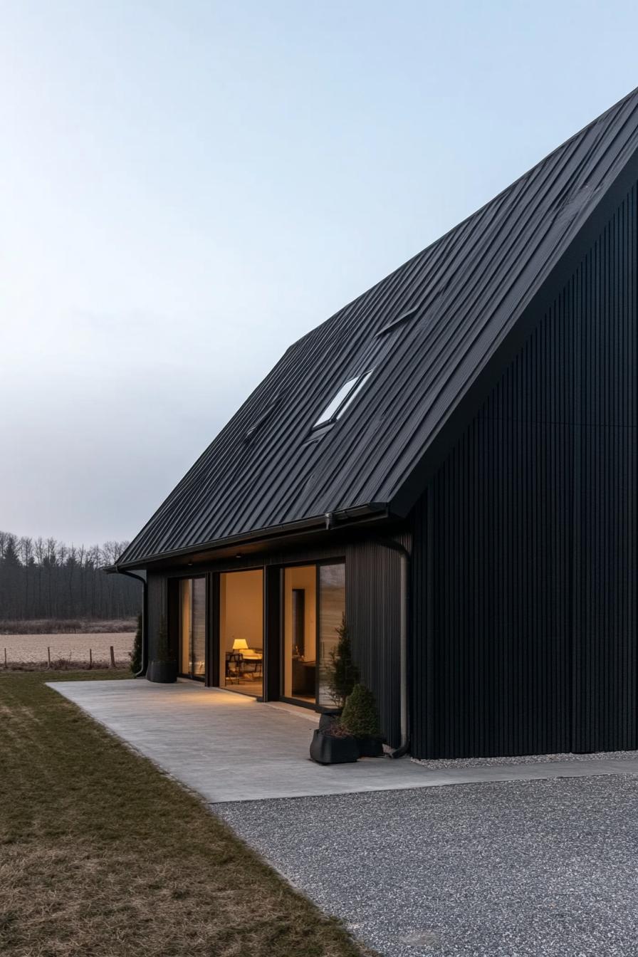 modern rural barn style house facade with black siding in neat Swiss plains 1