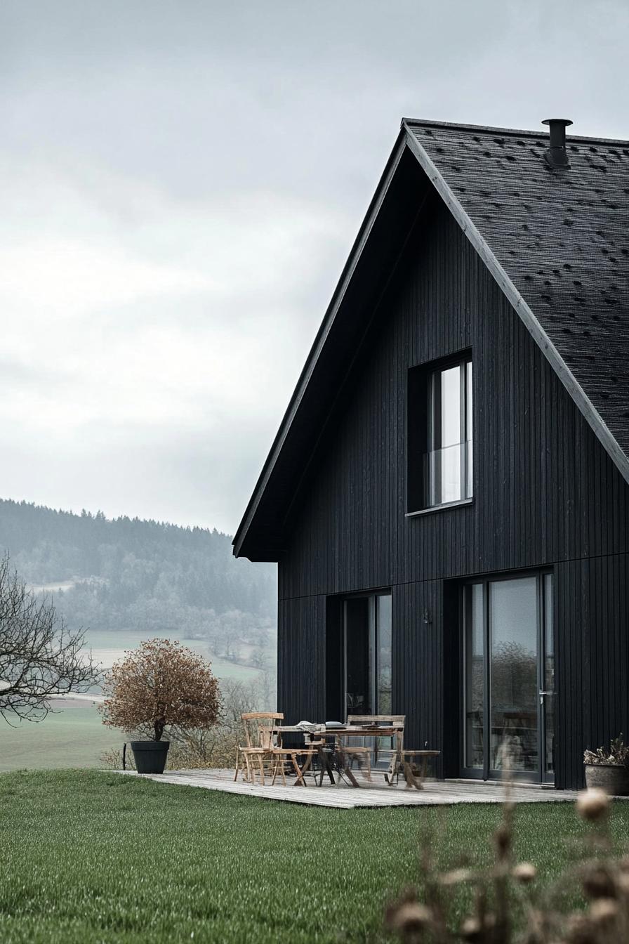 modern rural barn style house facade with black siding in neat Swiss plains 2