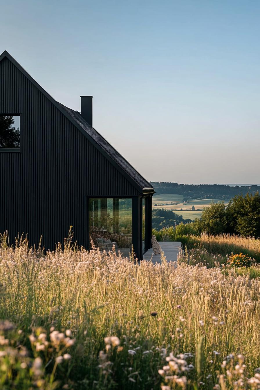 modern rural barn style house facade with black siding in neat Swiss plains 3