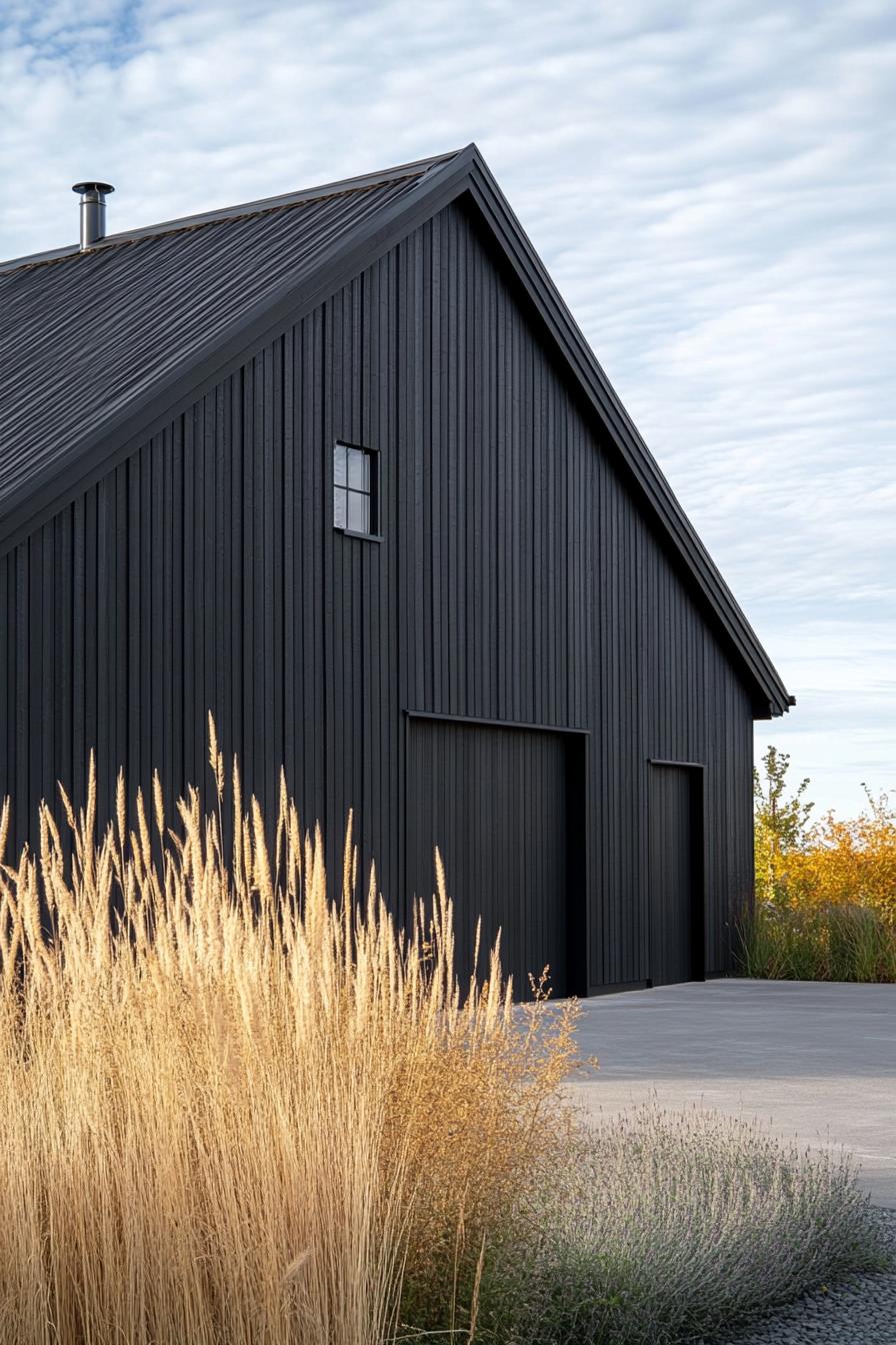 modern rural barn style house facade with black siding in neat Swiss plains