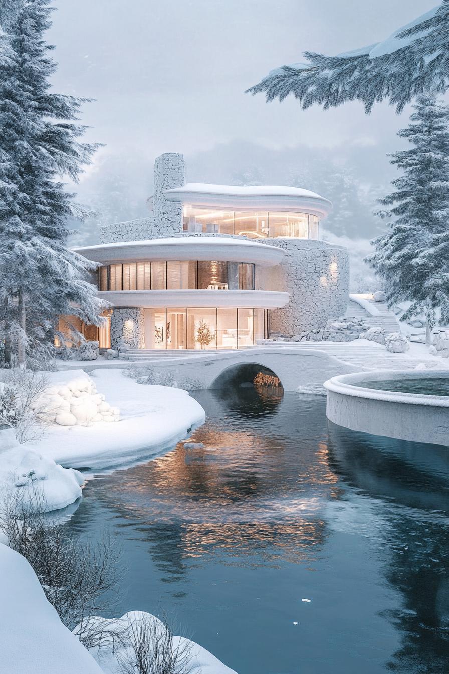 modern snow covered palace mansion house with hot springs 1