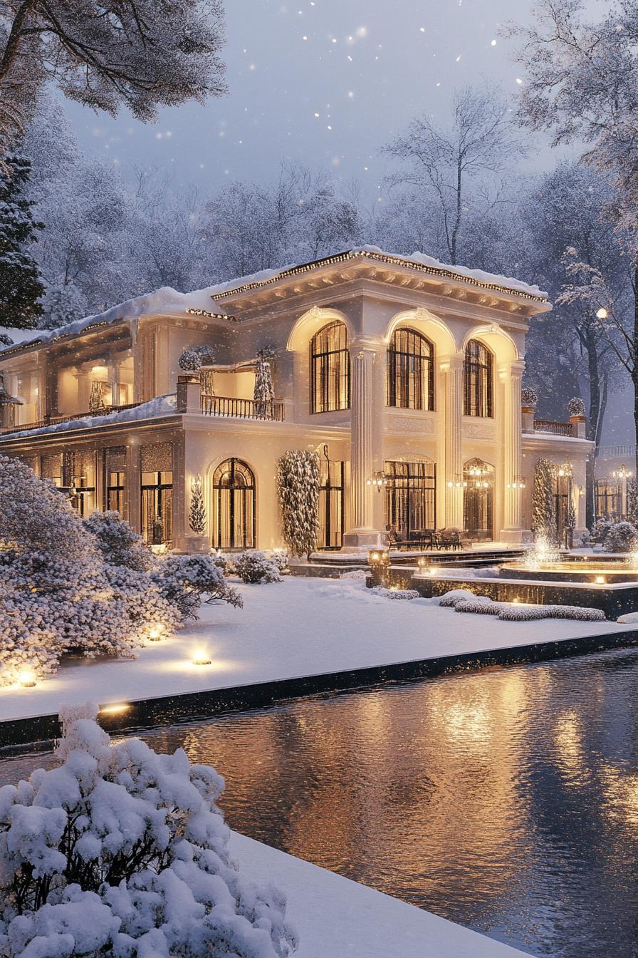 modern snow covered palace mansion house with hot springs 2