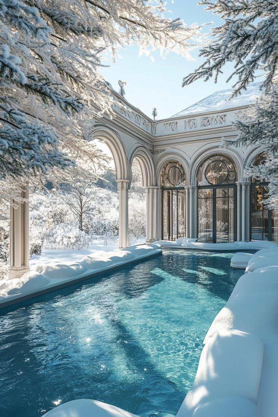 modern snow covered palace mansion house with hot springs 3