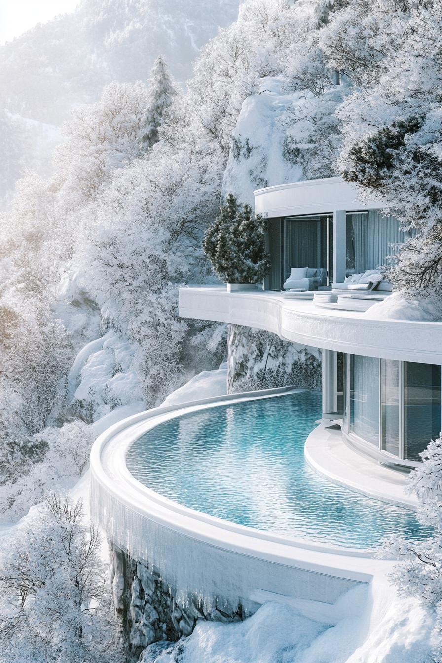 modern snow covered palace mansion house with hot springs