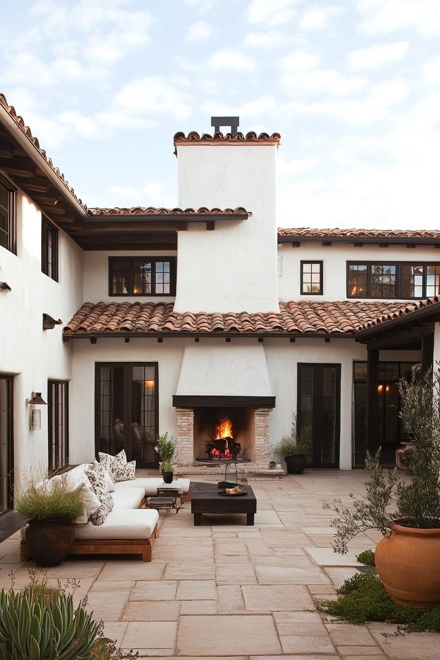 modern spanish villa courtyard with fireplace