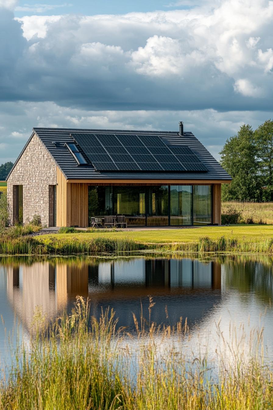 modern timber cabin house with solar panel roof by a lake in open green fields 1