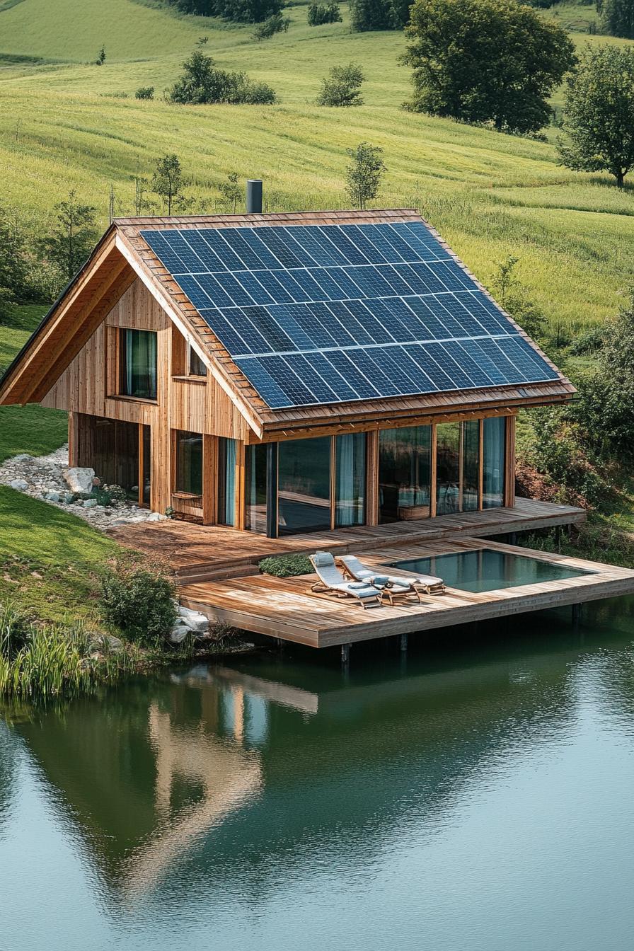 modern timber cabin house with solar panel roof by a lake in open green fields 2