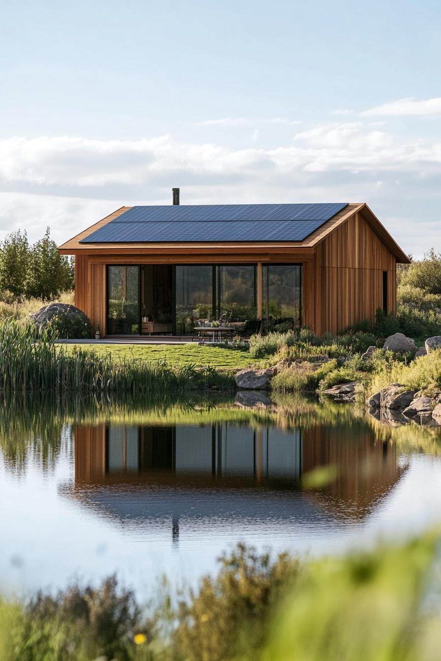 modern timber cabin house with solar panel roof by a lake in open green fields 3