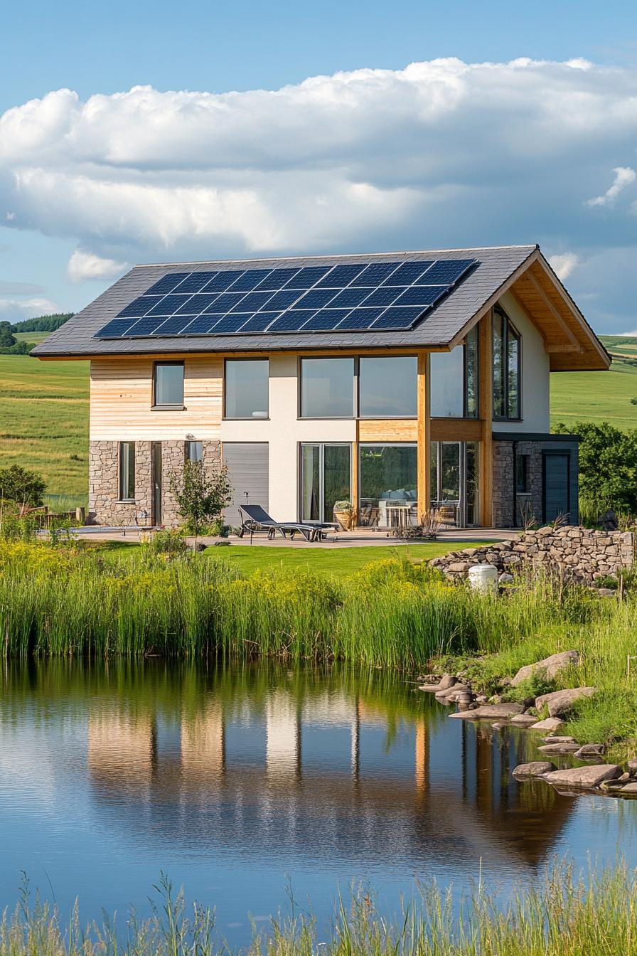 modern timber cabin house with solar panel roof by a lake in open green fields