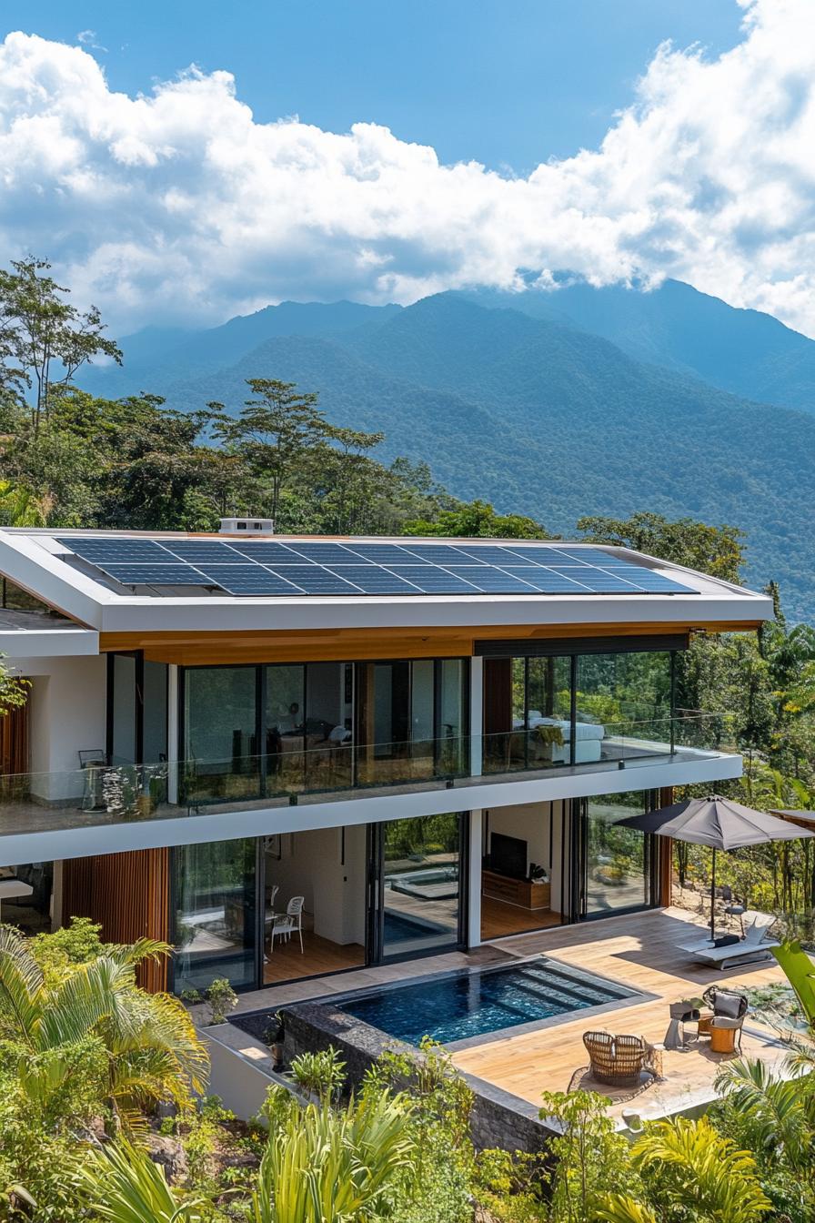 modern villa with integrated solar panel roof sunny tropical mountains 1