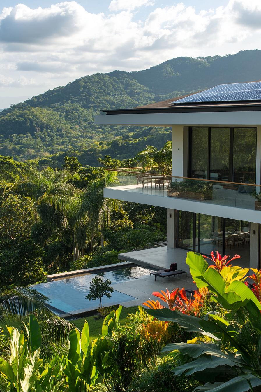 modern villa with integrated solar panel roof sunny tropical mountains 2