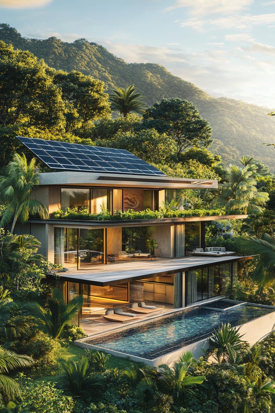 modern villa with integrated solar panel roof sunny tropical mountains 3