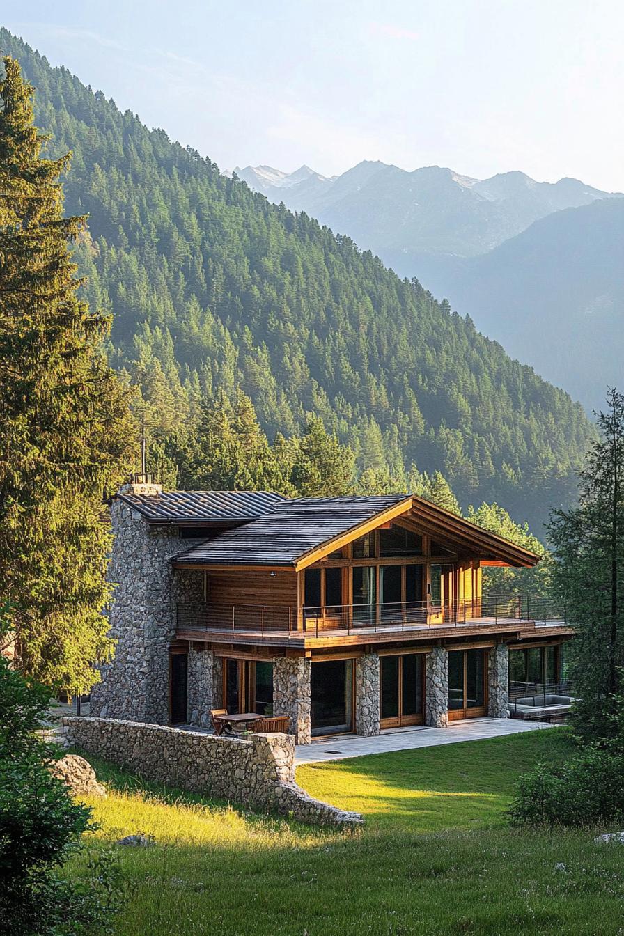 modern wooden chalet house in enchanting alpine mountain forest