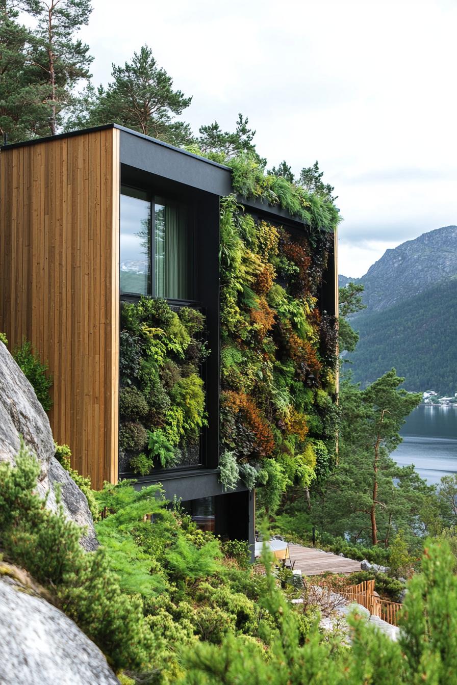 prefab small vertical pod house with vertical garden wall in Scandinavian mountain area 1