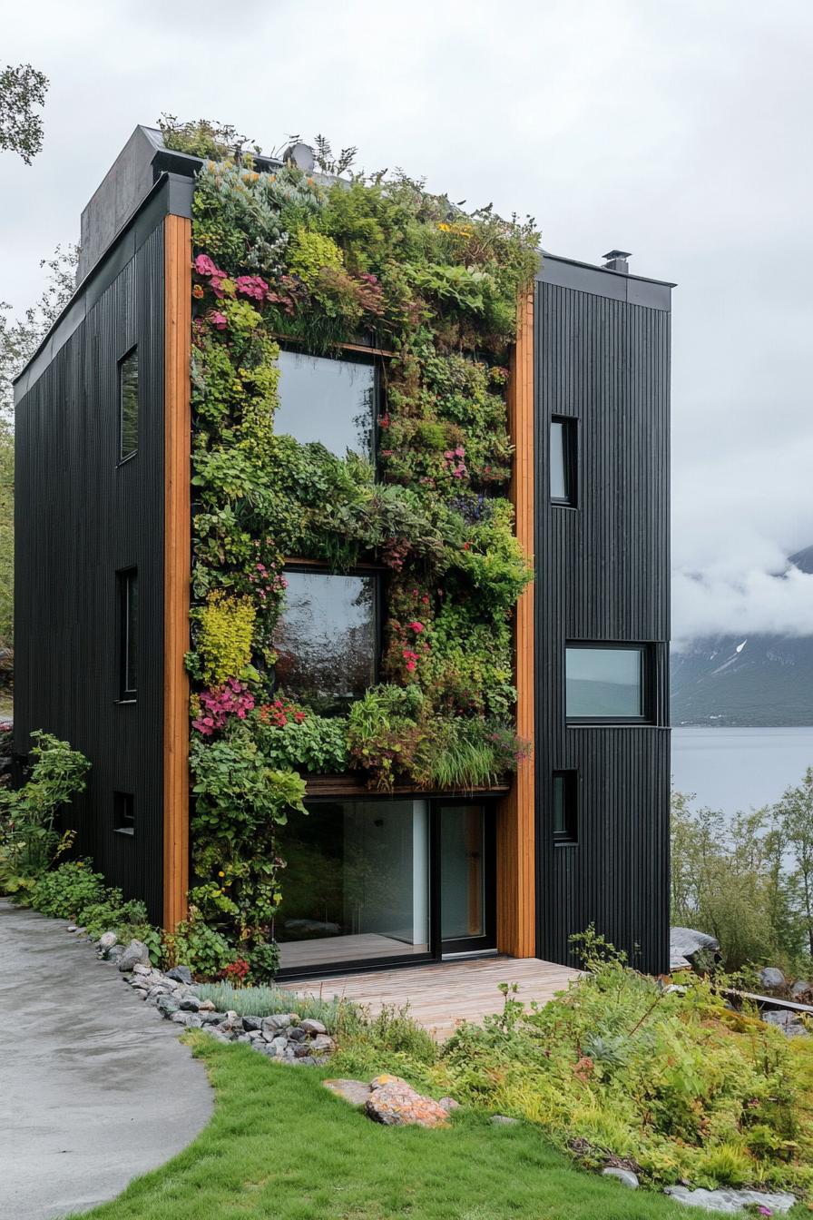 prefab small vertical pod house with vertical garden wall in Scandinavian mountain area