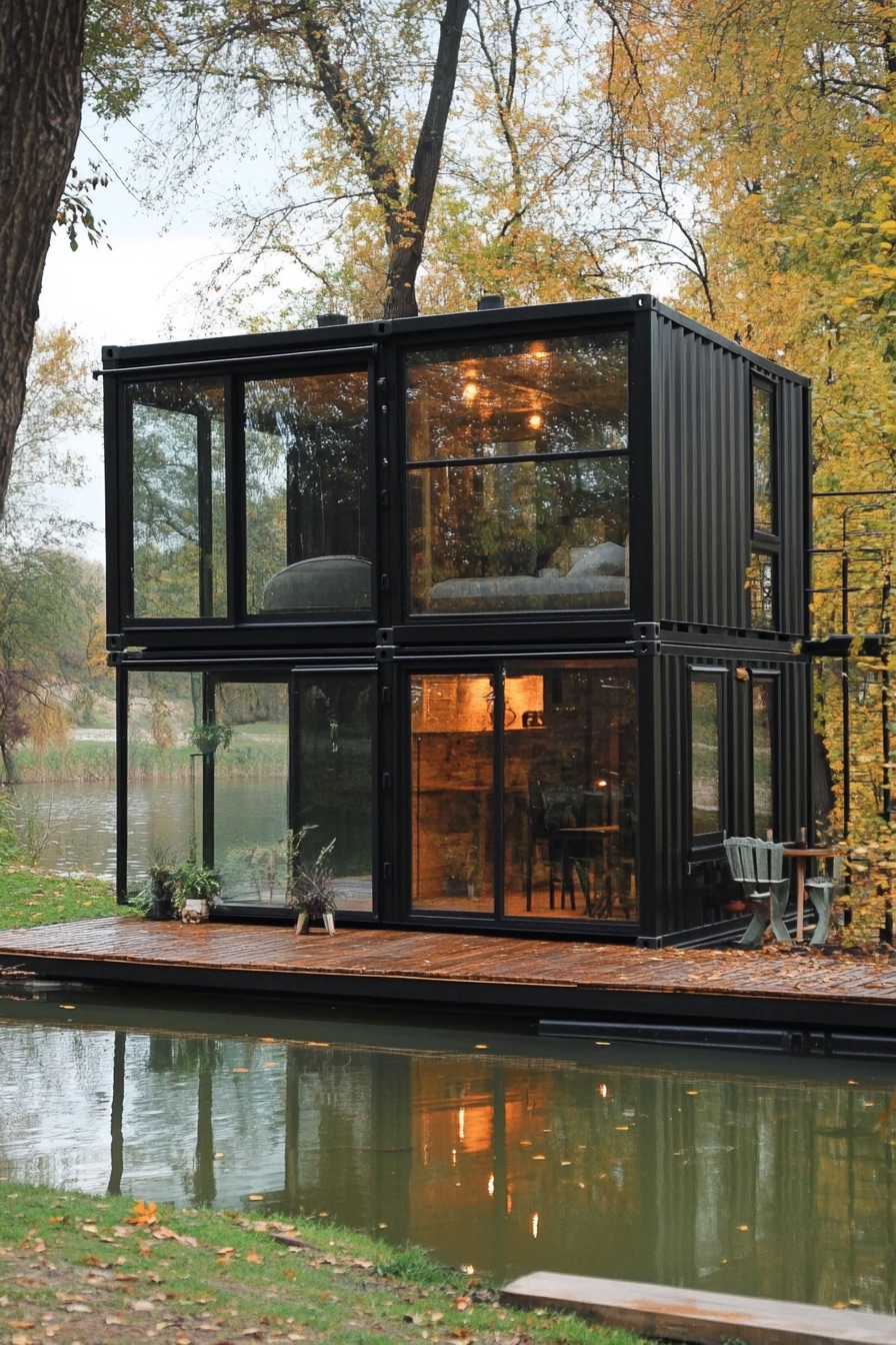 shipping container cabin glas walls lakeside 1