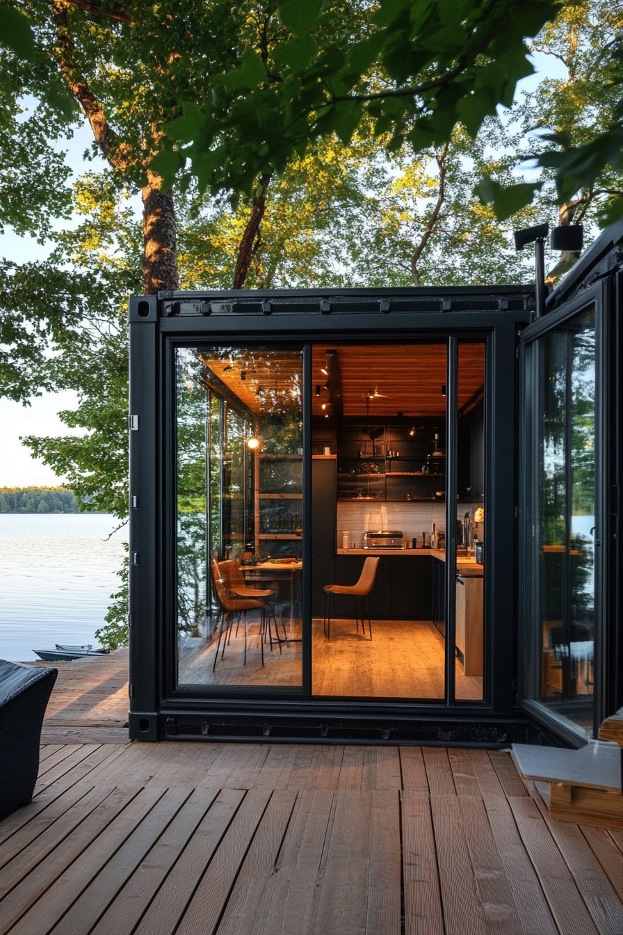 shipping container cabin glas walls lakeside 3