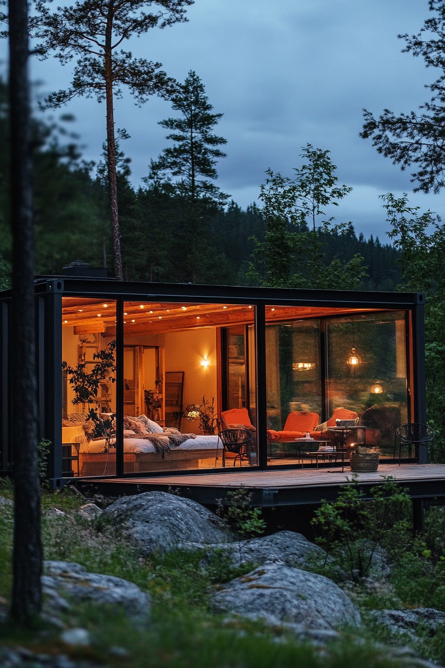 shipping container cabin glas walls lakeside 4