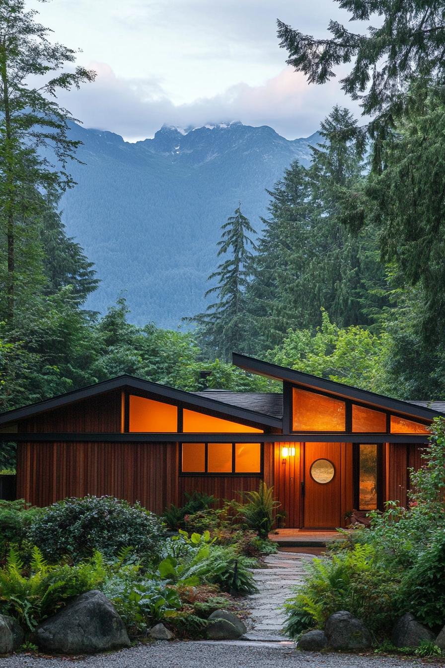 tiny u shaped mid century modern house facade mountains and lush forest in the background 1