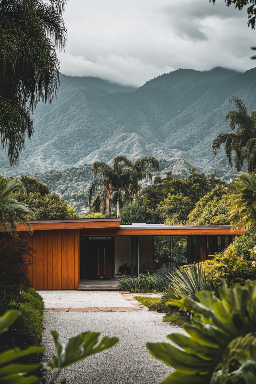 tiny u shaped mid century modern house facade mountains and lush forest in the background 2