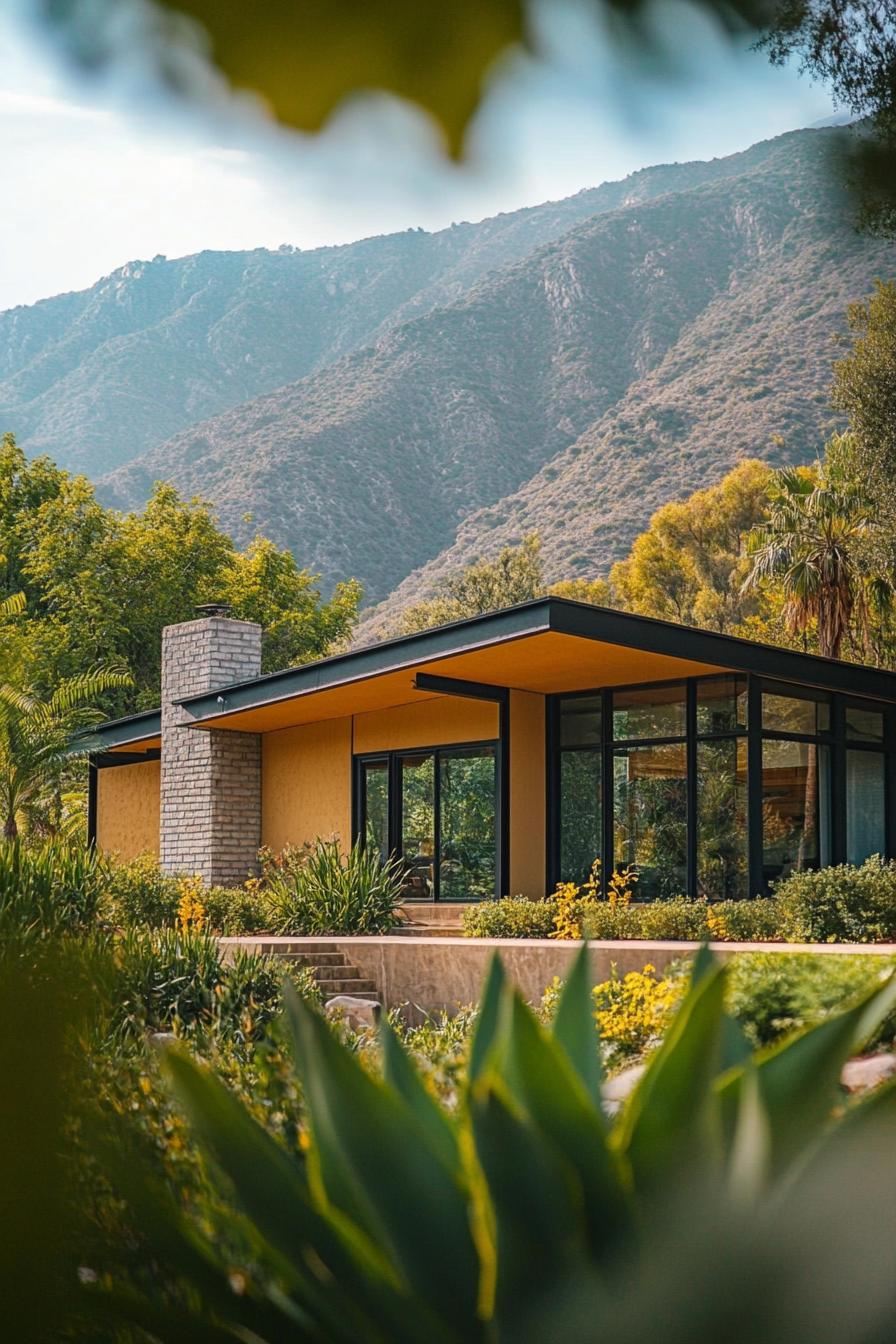 tiny u shaped mid century modern house facade mountains and lush forest in the background