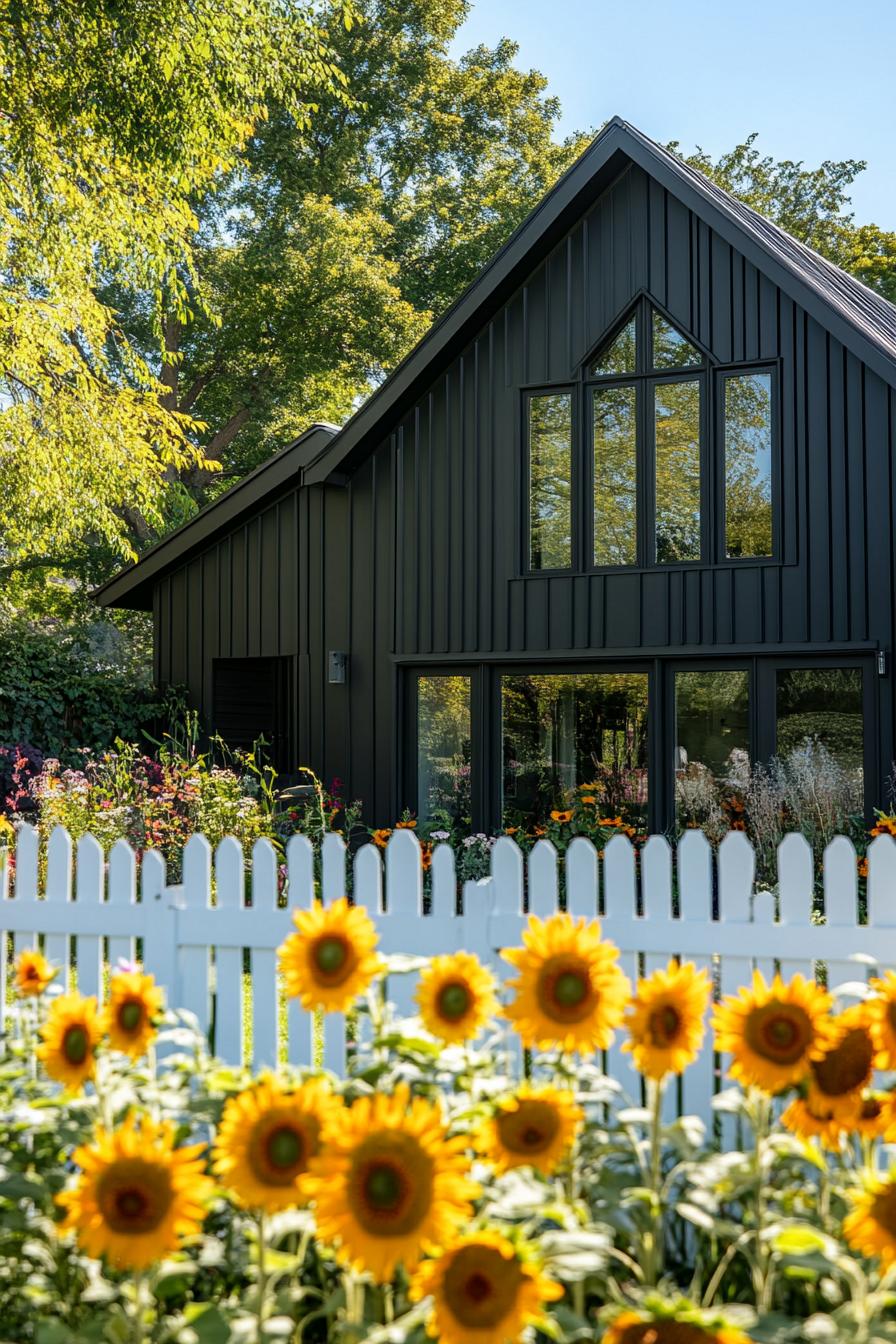 80s house modern makeover facade metal gable room shiplap cladding yard with white picket fence and a patch of sunflowers 1